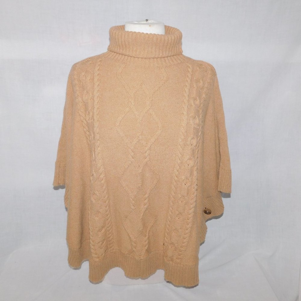 GAP Oversized Brown Tan Cable Knit Wool blend Turtleneck Poncho Sweater Women XS